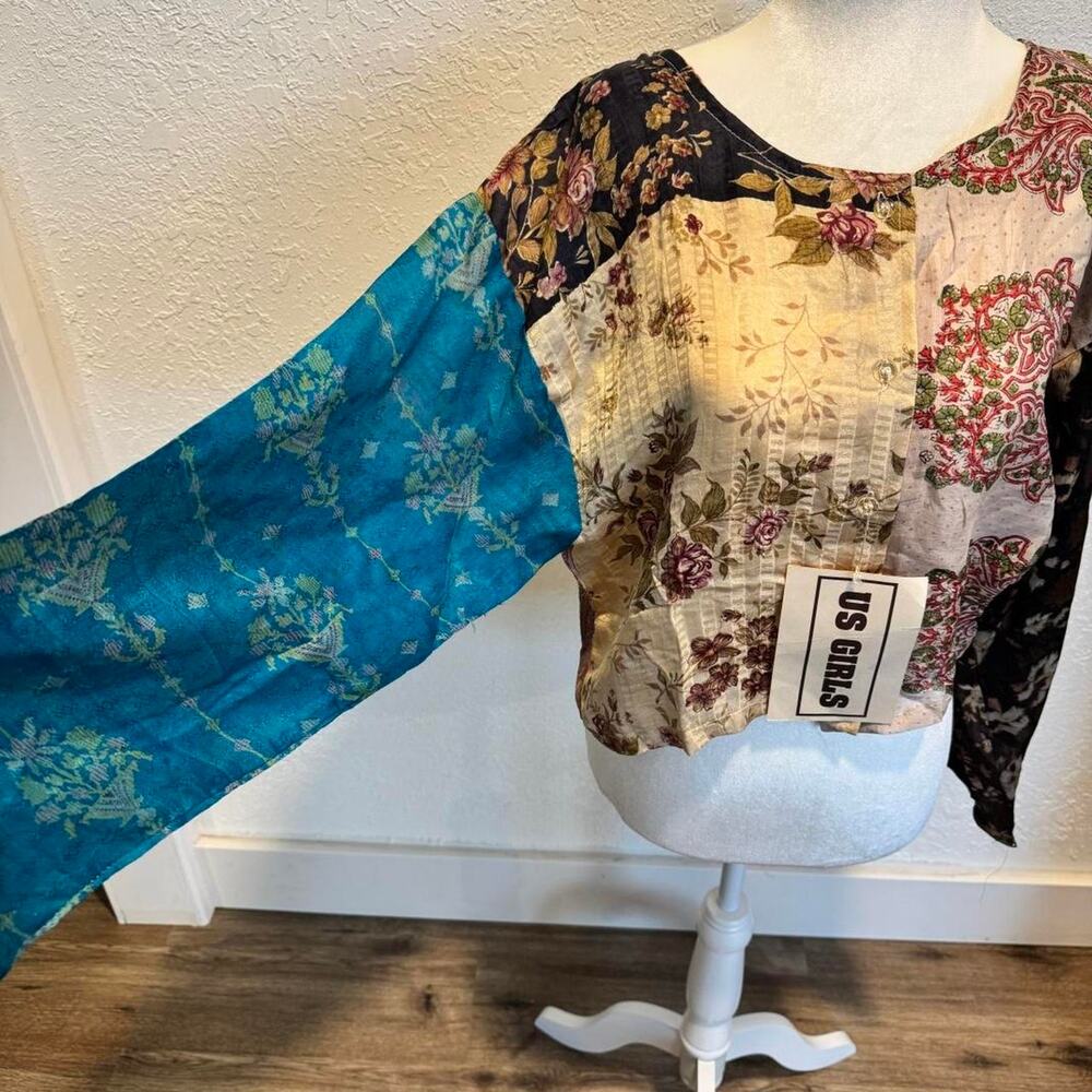 Silk Patchwork Button Down Boho Top LARGE